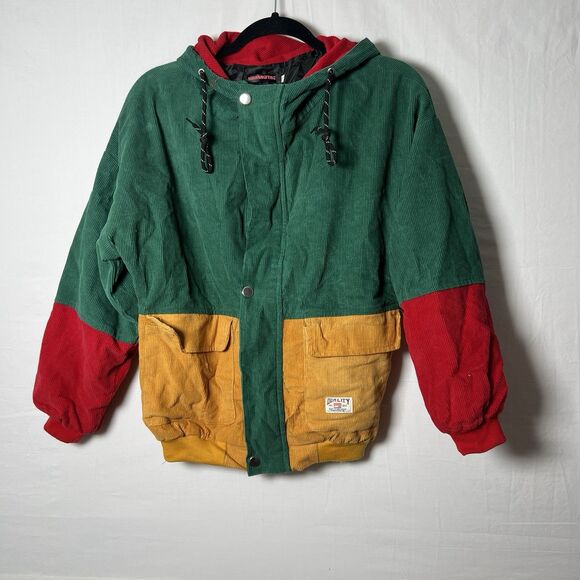 Retro 90s Y2K Colorblock Corduroy Jacket Duffle Bag Hooded Streetwear Unisex S - Picture 1 of 9